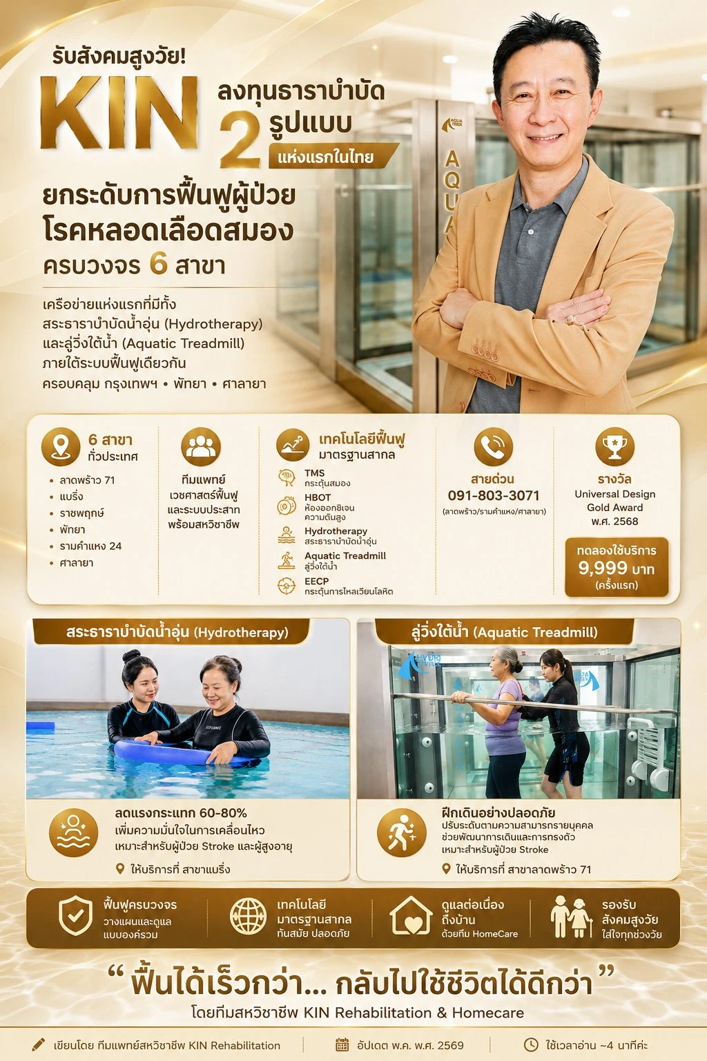 ดร.ธงชัย โชคถนอมทรัพย์ CEO KIN Rehabilitation ยืนข้างเครื่อง Aquatic Treadmill สาขาลาดพร้าว 71